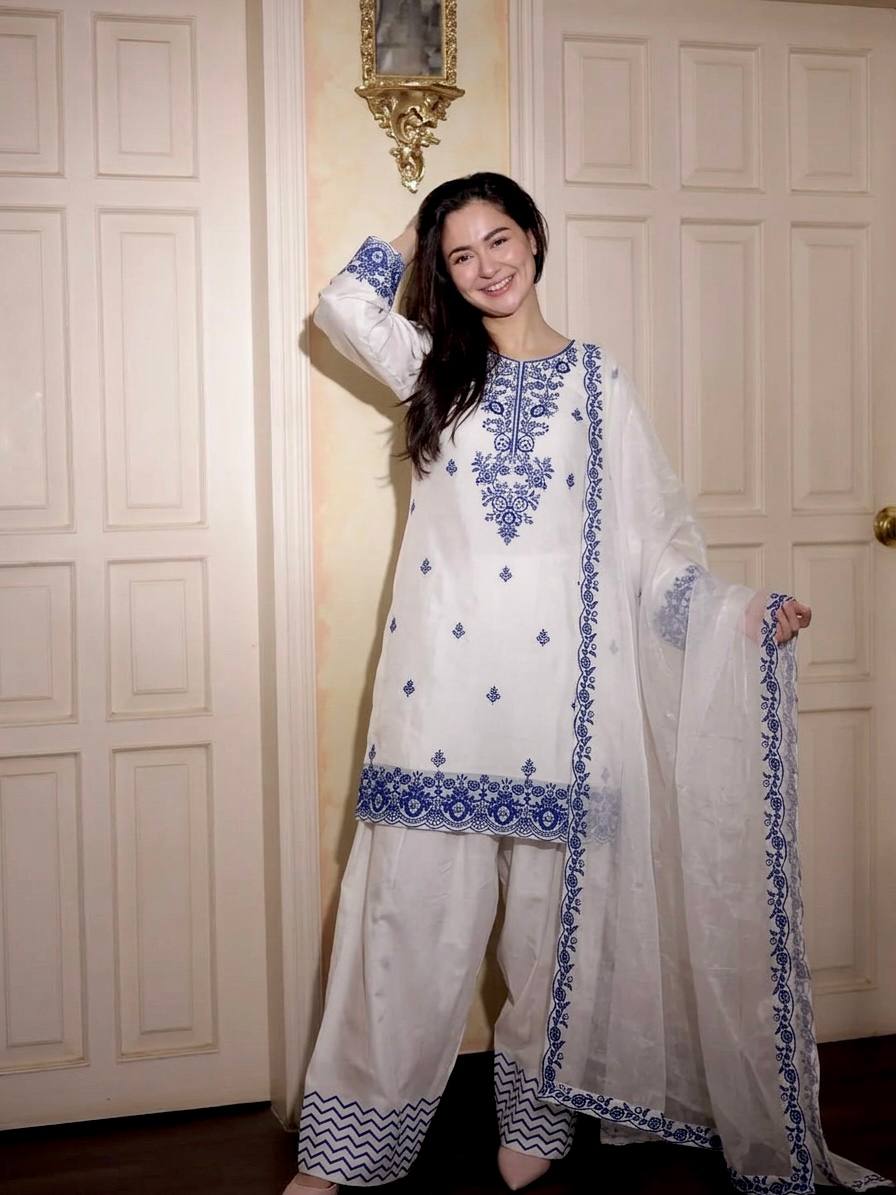 Elegant Women's Ethnic Ensemble with Embroidered Rayon Cotton Top, Farshi Pants, and GMY Silk Dupatta