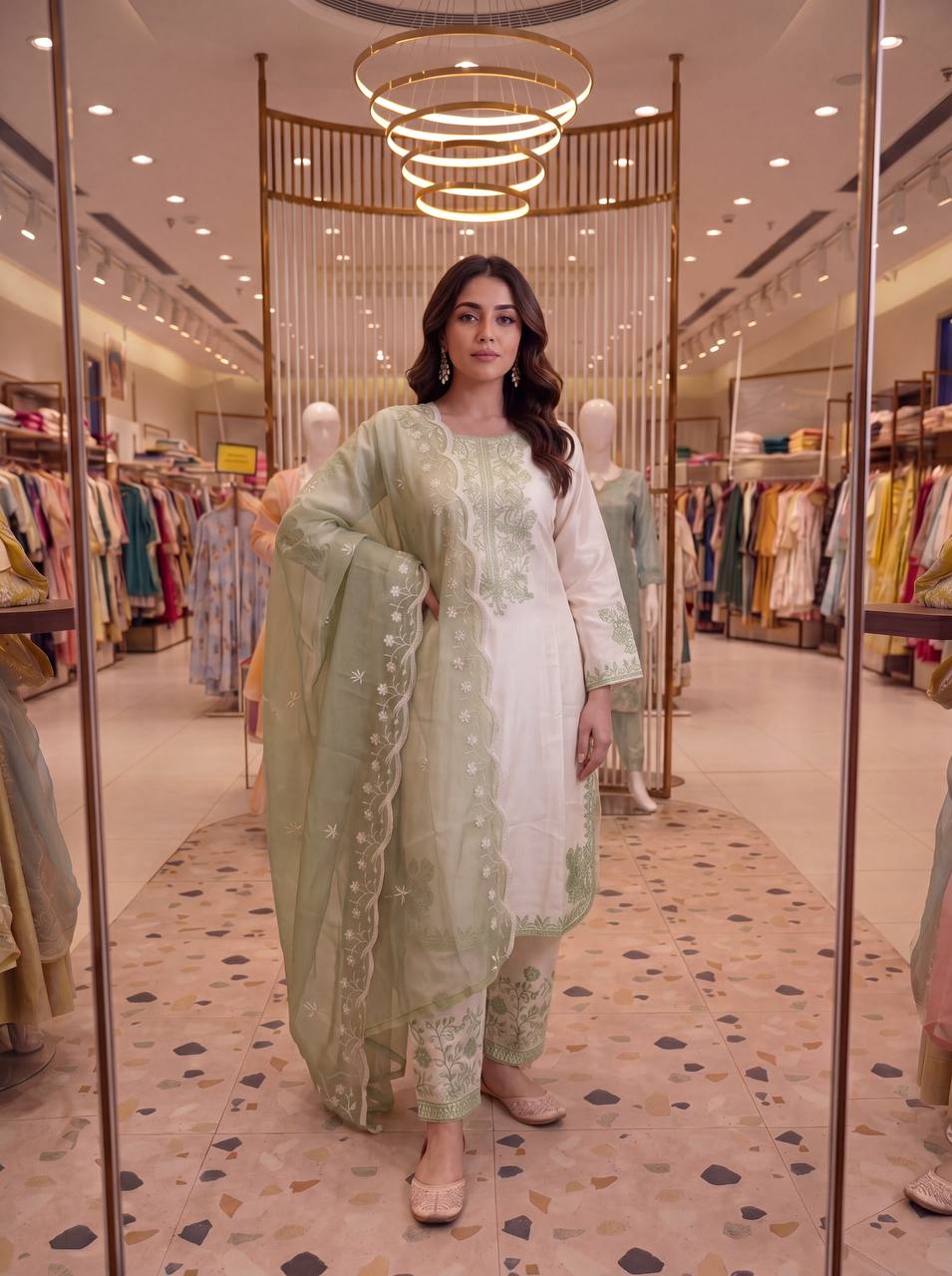 Elegant Party Wear Set Featuring Premium Roman Glass Embroidered Top with Fancy Bell Sleeves and Stylish Palazzo Pants with Dupatta
