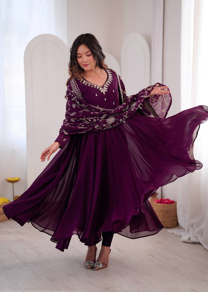 RangBhoomi Elegant Embroidered Mirror Anarkali Three-Piece Gown Set