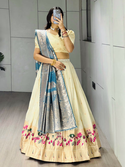 Exquisite Paithani Silk Lehenga with Vibrant Colorful Motifs, Iconic Gold Zari Border, and Signature Satin Silk Dupatta