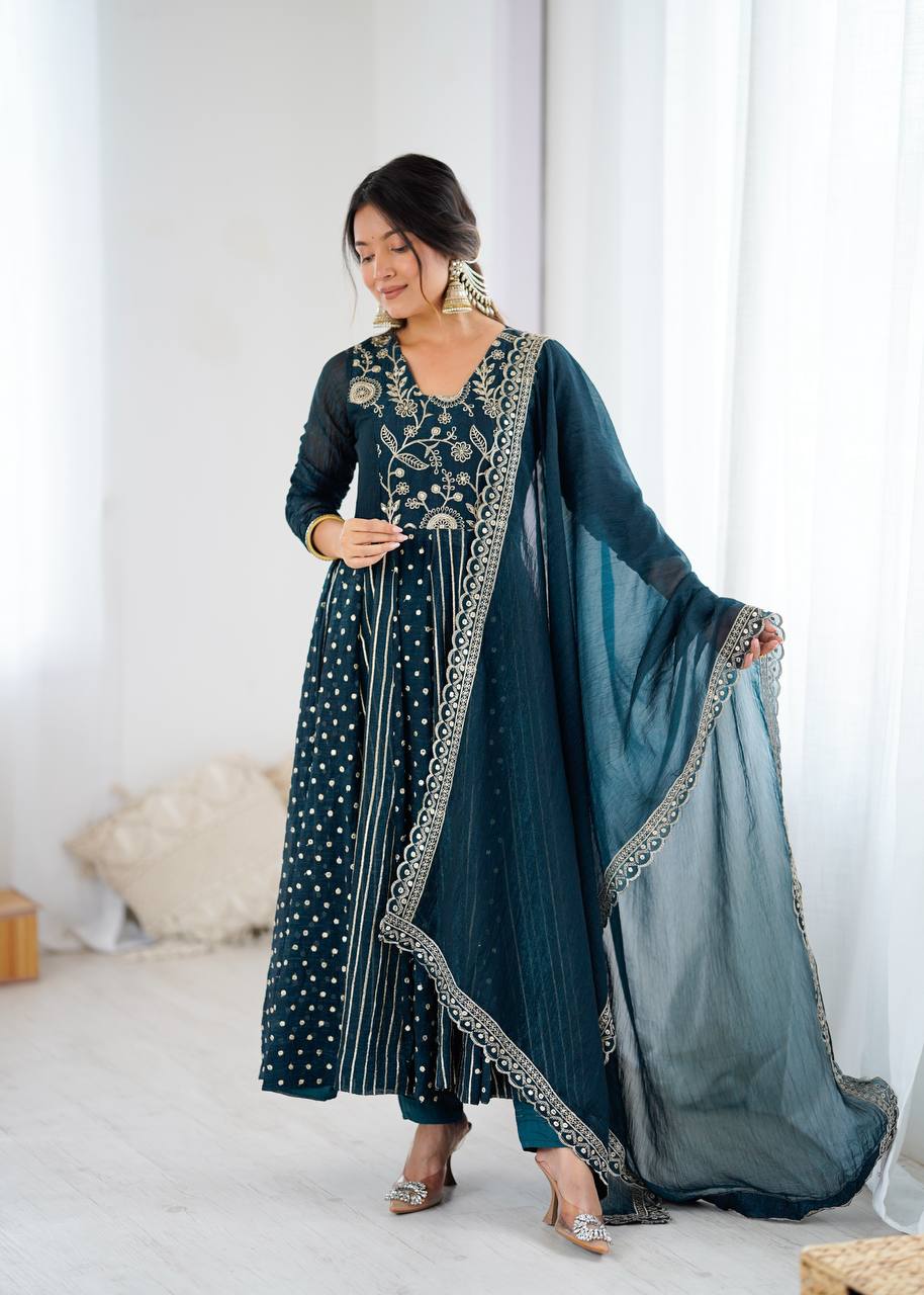 Festive Ready-to-Wear Fully Stitched Anarkali Gown Set with Embroidered Sequins and Lace-Trimmed Dupatta