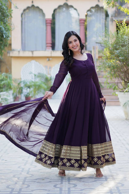 Embroidered Faux Blooming Gown with Dupatta