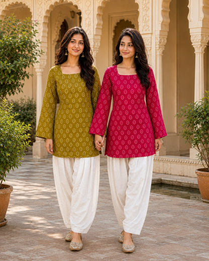 RangBhoomi Premium Cotton Bandhej Printed Top and Linen Cotton Farsi Style Pant Set