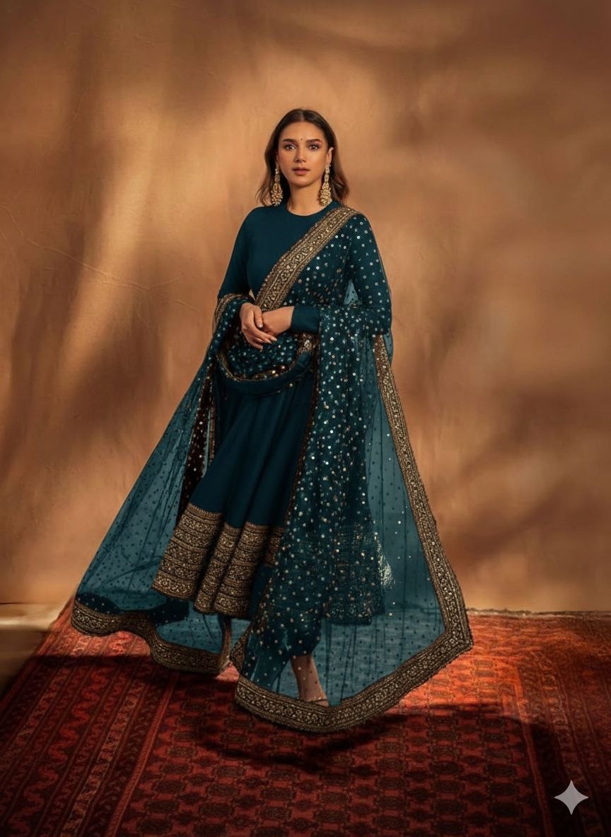 Elegant Embroidered Fox Georgette Gown with Matching Dupatta – Fully Stitched, Sophisticated Design