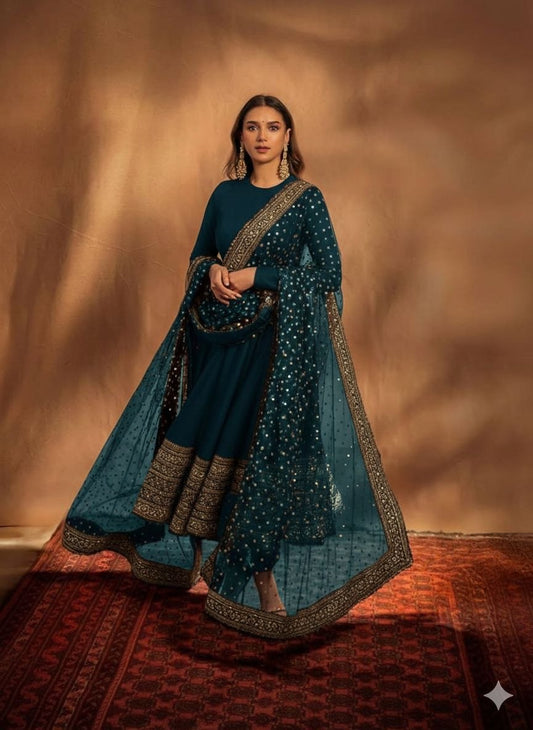 Elegant Embroidered Fox Georgette Gown with Matching Dupatta – Fully Stitched, Sophisticated Design