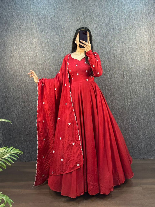 Elegant red Ajrak Heart Gown with dupatta featuring delicate heart thread work.