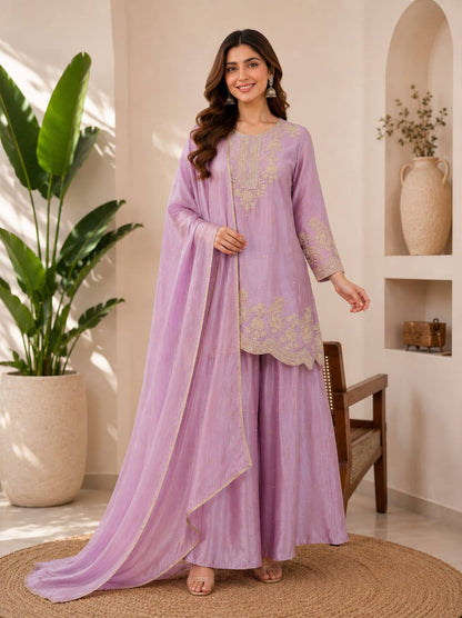 RangBhoomi Designer Festival Ensemble - Embroidered Chinon Top with Rangoli Crush Palazzo & Dupatta