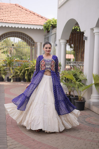 RangBhoomi Kora Cotton Lehenga & Faux Georgette Kurti Set - Full-Stitched, Frilled Lehenga, Laheriya Print Kurti