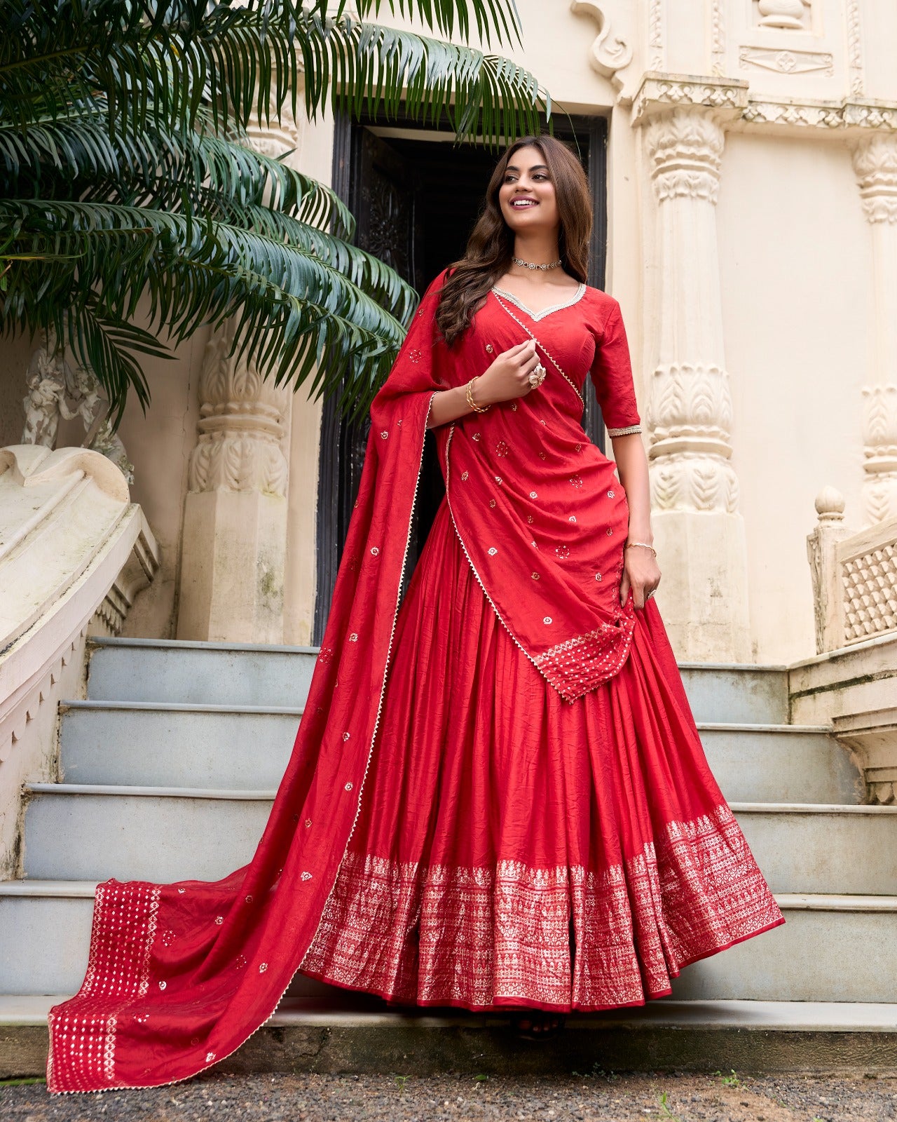 Elegant Pure Chanderi Lehenga Set with Exquisite Zari Work Border and Sequin-Embellished Dupatta