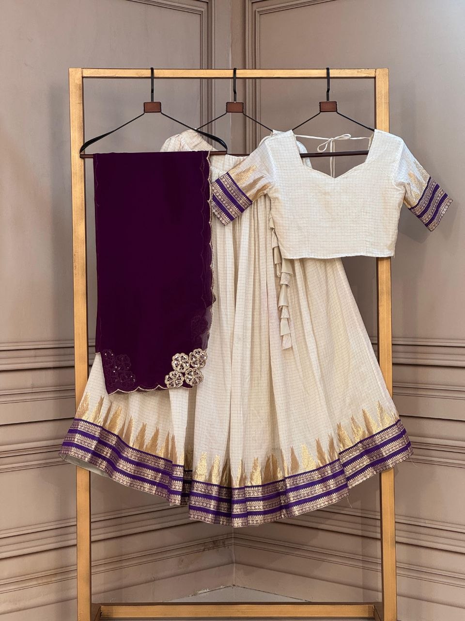 RangBhoomi Onam Special Premium Viscose Jacquard Lehenga Choli Set with Contrast Dupatta
