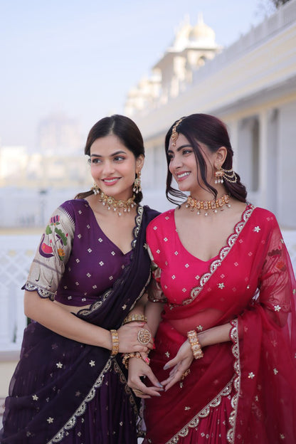 Elegant Three-Piece Traditional Lehenga Choli Set with Dupatta in Pink and Wine