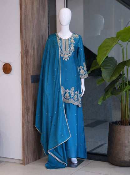 RangBhoomi Designer Festival Ensemble - Embroidered Chinon Top with Rangoli Crush Palazzo & Dupatta