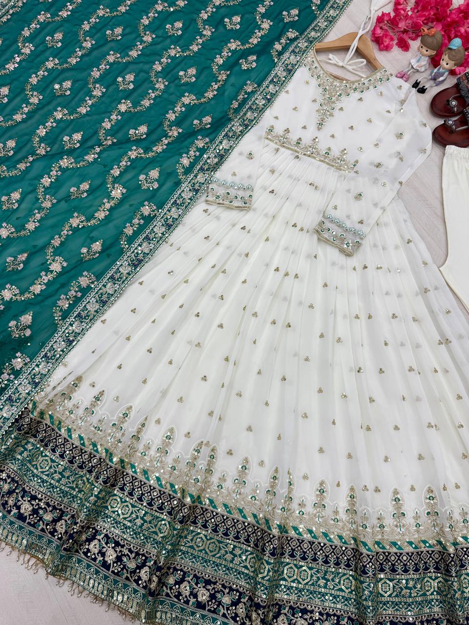 Elegant Party Wear Heavy Faux Georgette Gown with Embroidered Dupatta and Bottom Set
