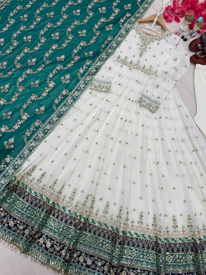 Elegant Party Wear Heavy Faux Georgette Gown with Embroidered Dupatta and Bottom Set