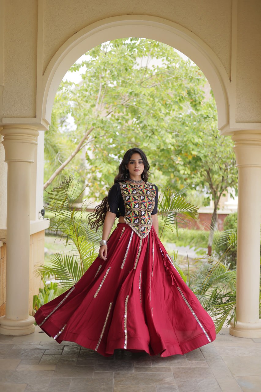 RangBhoomi Navratri Reflective Rayon Lehenga Set with Mirror & Gota Lace (Black, Maroon, White)