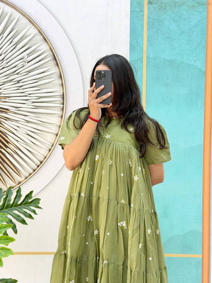 Elegant Floral Mull Cotton Chanderi Midi Gown for Summer – Embroidered, Fully Stitched, Available in Multiple Sizes