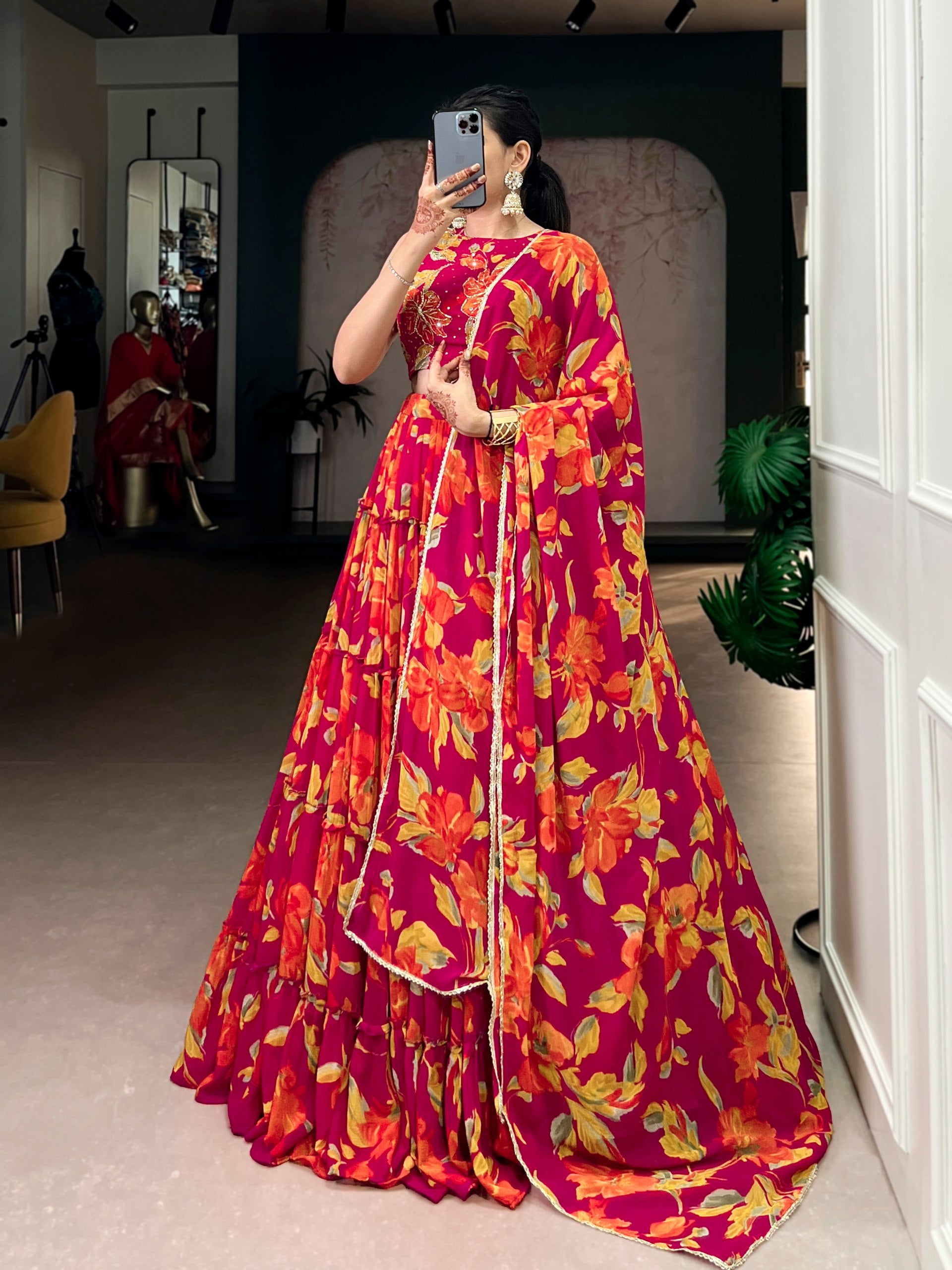 Elegant Floral Marble Print Lehenga Choli Set with Handwork and Lace Border Dupatta