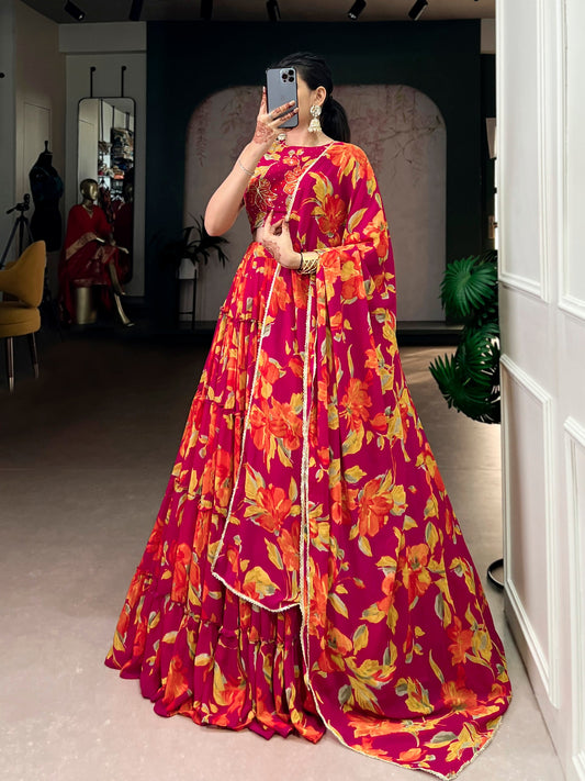 Elegant Floral Marble Print Lehenga Choli Set with Handwork and Lace Border Dupatta