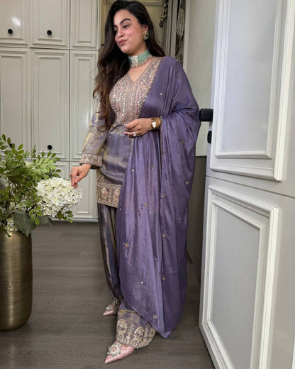 RangBhoomi Designer Ronald Silk Heavy Embroidery Sequence Work Top-Bottom and Dupatta Set — Fully Stitched Ready to Wear