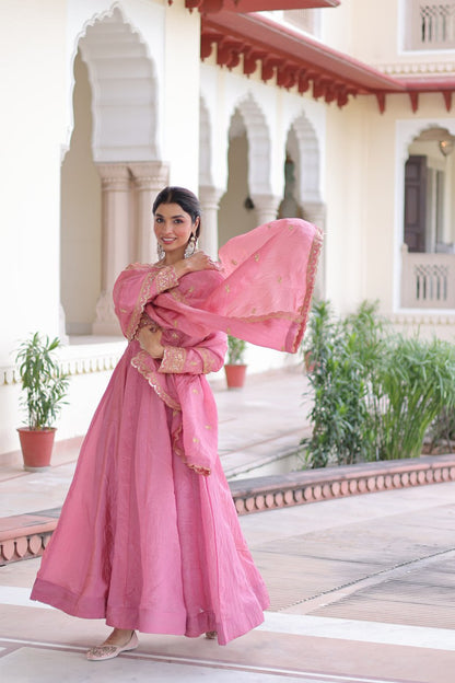 RangBhoomi Premium Ready-Made Gown and Dupatta Set with Elegant Gold Embroidery