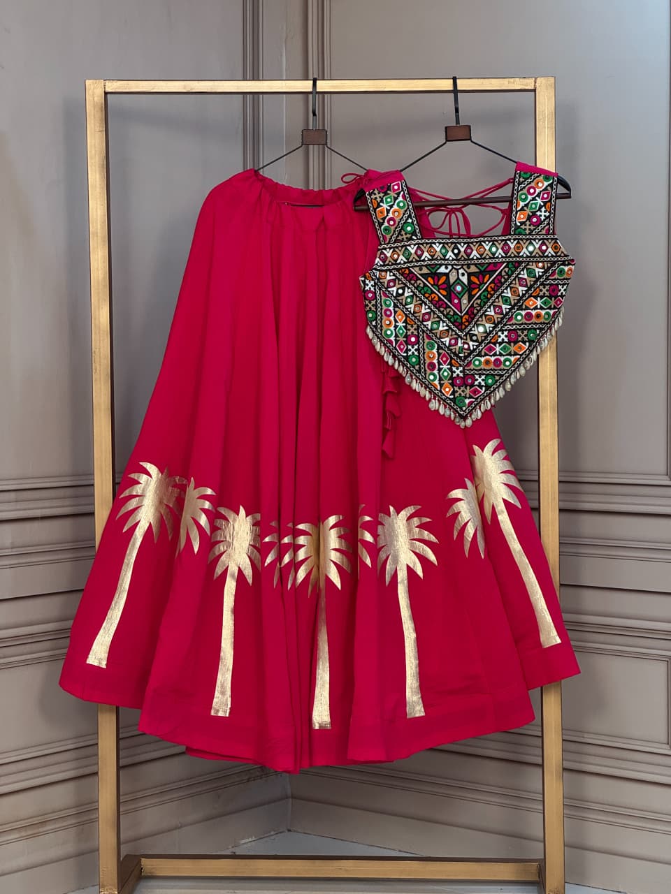 RangBhoomi Navratri Lehenga Choli — Festive Roman Fabric Set for Garba & Dandiya