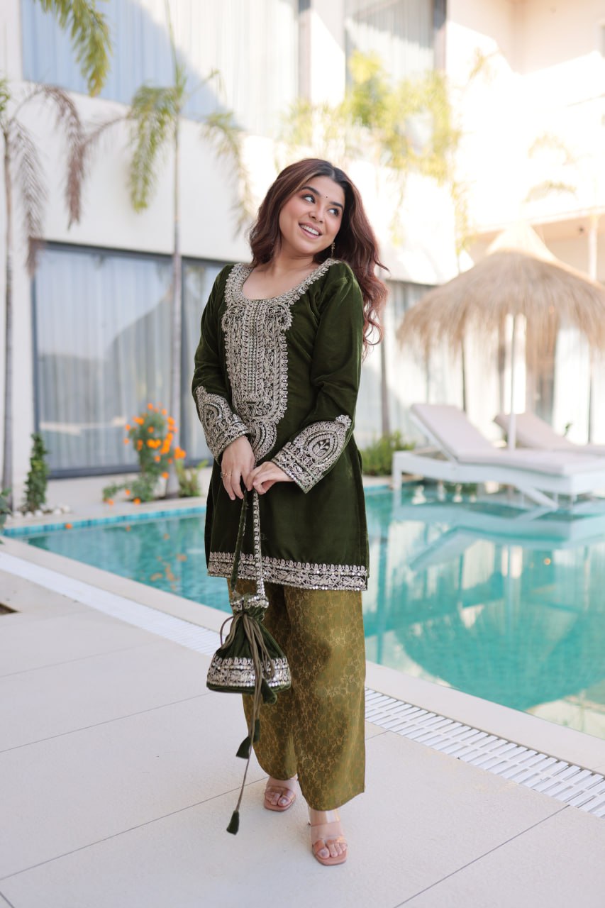 Ready-to-Wear Velvet Top and Pant Set with Embroidered Batwa from RangBhoomi Collection