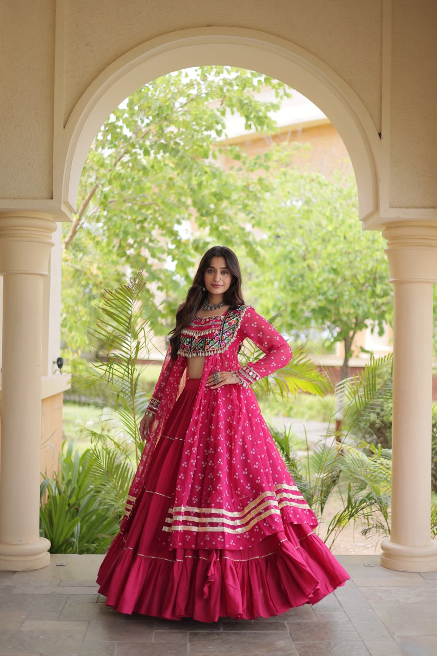 RangBhoomi Navratri 2026 Lehenga & Kurti Set – Kora Cotton Lehenga with Bandhni Faux Georgette Kurti (L, 40" Stitched)