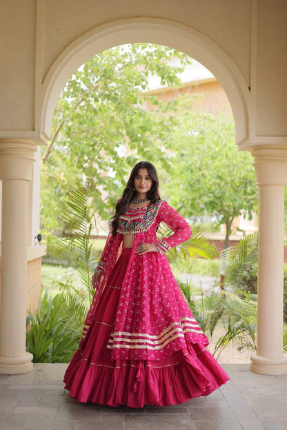 RangBhoomi Navratri 2026 Lehenga & Kurti Set – Kora Cotton Lehenga with Bandhni Faux Georgette Kurti (L, 40" Stitched)