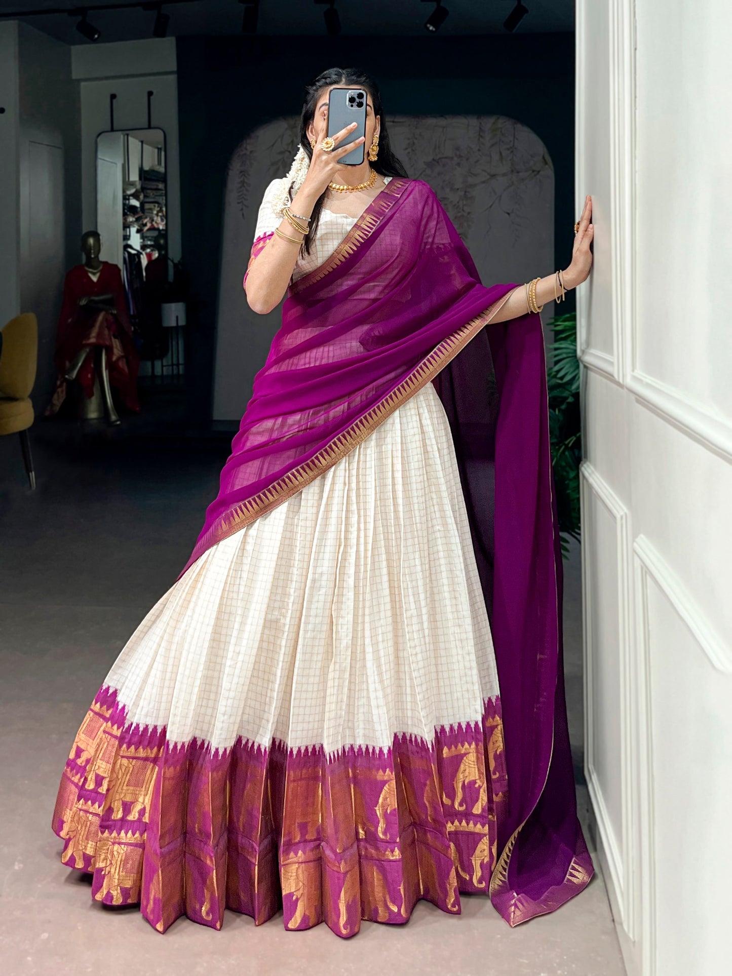 Elegant Poly Cotton Lehenga Choli Set with Georgette Dupatta, Intricate Zari Weaving Work - Comfortable and Stylish Festive Wear