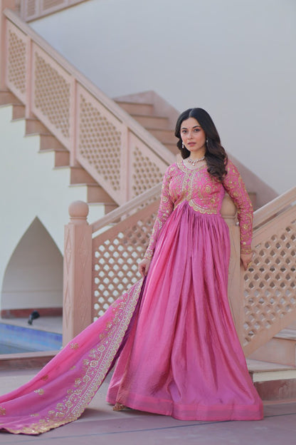 Trending Gold Gown: Crush Fabric, Embroidered Dupatta