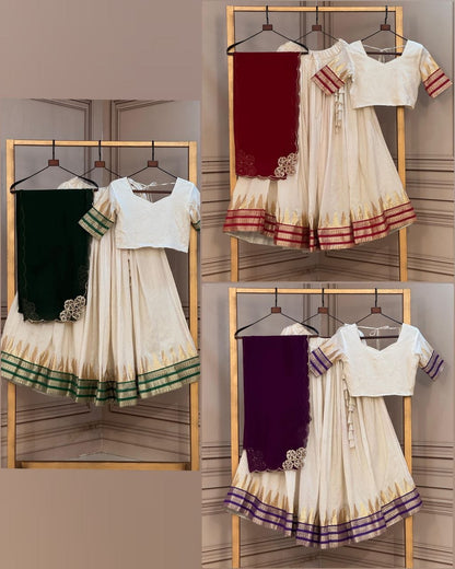 RangBhoomi Onam Special Premium Viscose Jacquard Lehenga Choli Set with Contrast Dupatta
