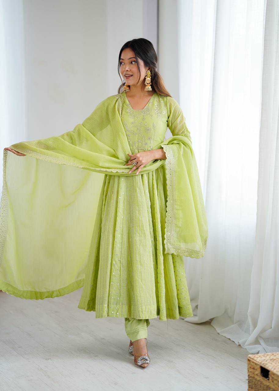 Festive Ready-to-Wear Fully Stitched Anarkali Gown Set with Embroidered Sequins and Lace-Trimmed Dupatta