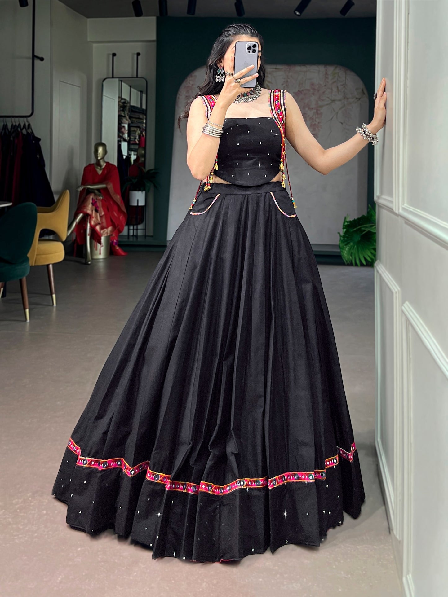 RangBhoomi Black Cotton Mirror-Work Lehenga for Navratri — 5m Flair with Multicolor Tassels