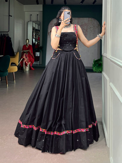 RangBhoomi Black Cotton Mirror-Work Lehenga for Navratri — 5m Flair with Multicolor Tassels