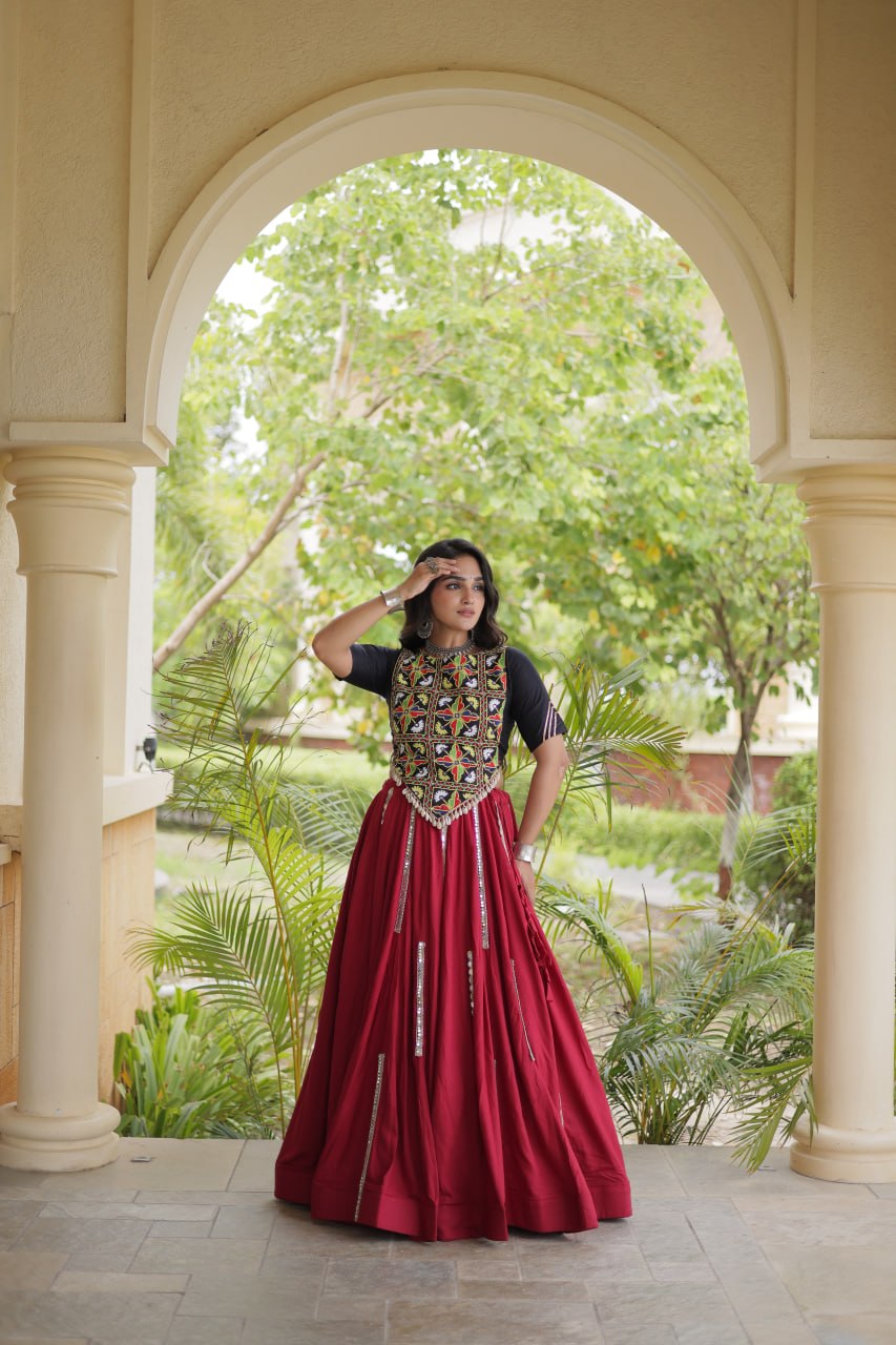 RangBhoomi Navratri Reflective Rayon Lehenga Set with Mirror & Gota Lace (Black, Maroon, White)