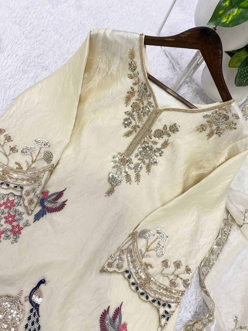 RangBhoomi Designer Beads & Sequence Embroidered Top with Fendy Plazzo and Dupatta