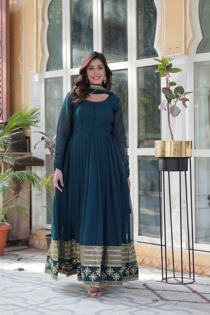 Embroidered Faux Blooming Gown with Dupatta