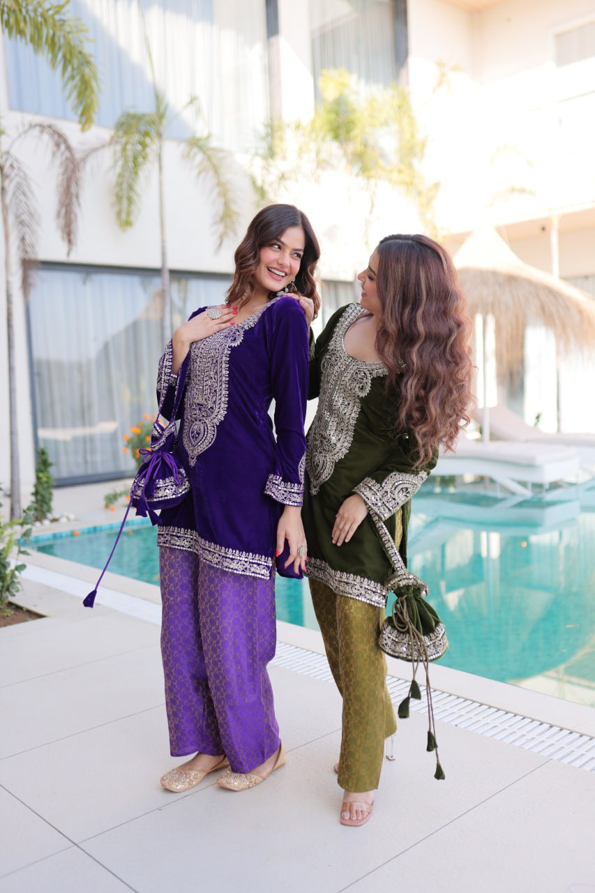 Ready-to-Wear Velvet Top and Pant Set with Embroidered Batwa from RangBhoomi Collection