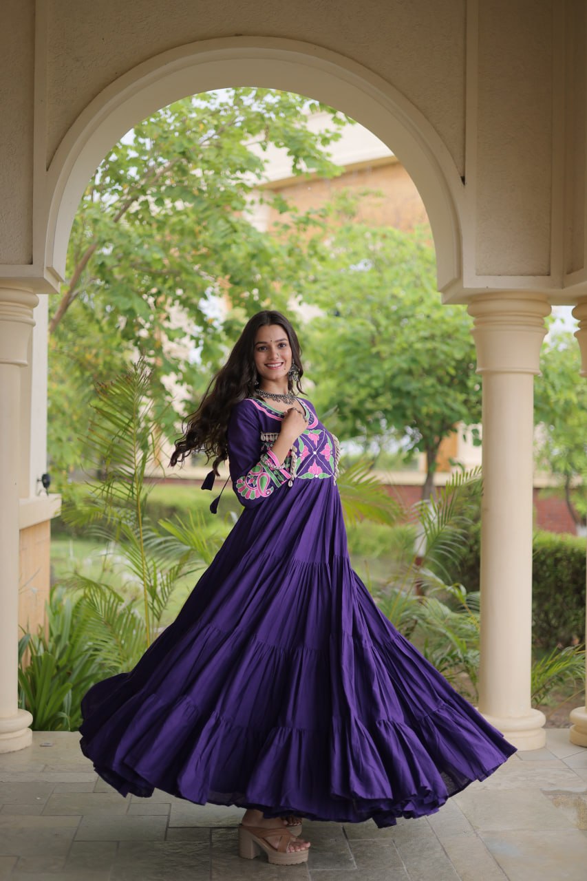 RangBhoomi Navratri Embroidered Kora Cotton Gown - Full Sleeve 54" Length (Rust, Purple)