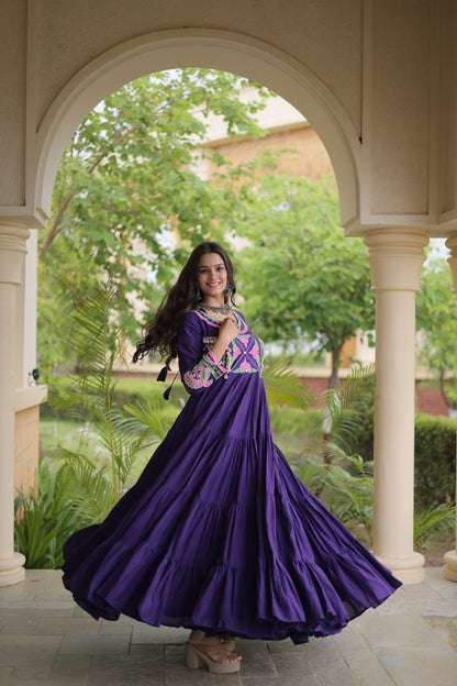 RangBhoomi Navratri Embroidered Kora Cotton Gown - Full Sleeve 54" Length (Rust, Purple)