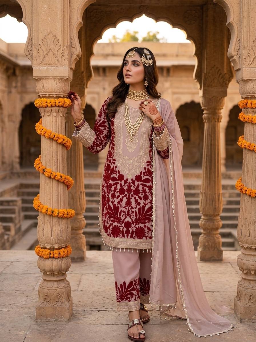 RangBhoomi Designer Party Top, Palazzo & Dupatta Set with Heavy Embroidery