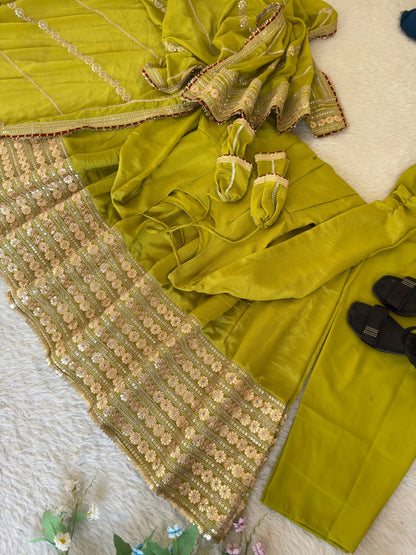 RangBhoomi Premium Chinon Silk Anarkali Gown Set with Heavy Embroidery, 3mm Sequin Sleeve Lace, Crepe Pants, and Sequined Lace Dupatta
