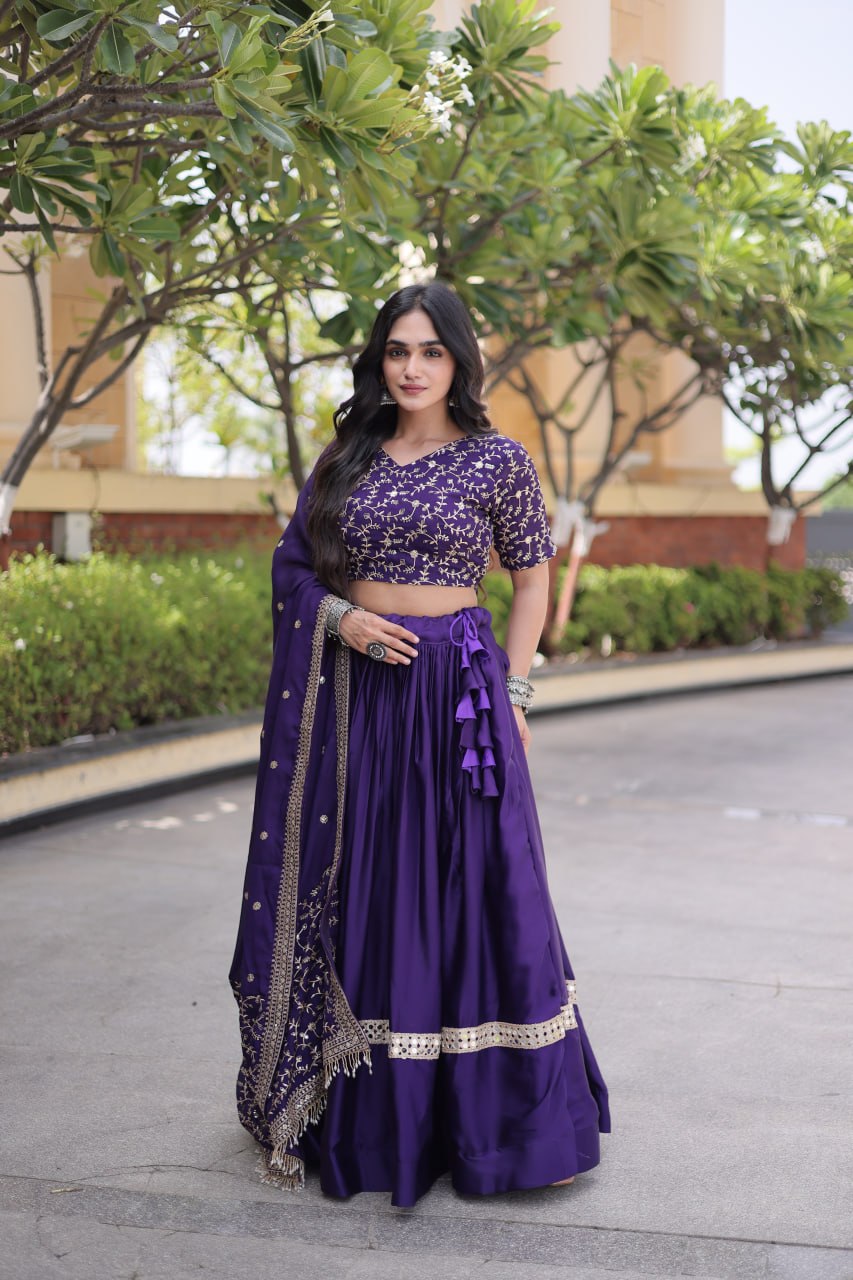 RangBhoomi Glory Satin Embroidered Lehenga Choli Set - Full-Stitched Lehenga with Designer Dupatta