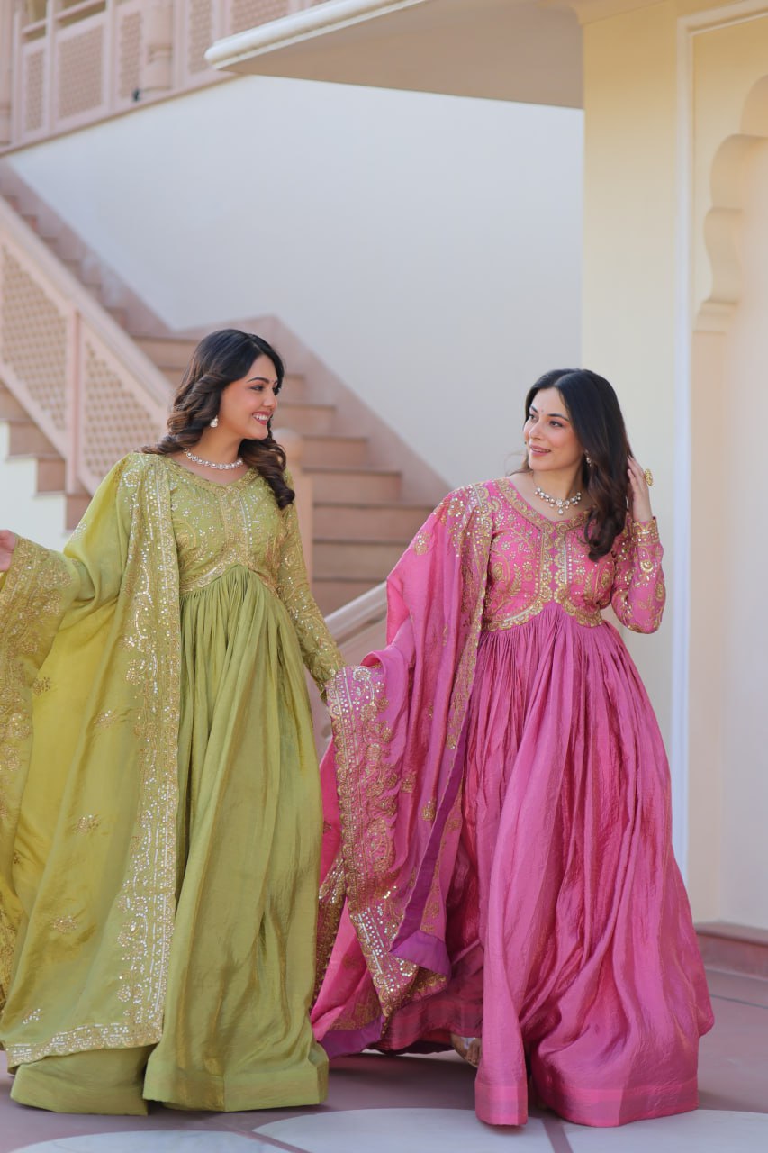 Trending Gold Gown: Crush Fabric, Embroidered Dupatta