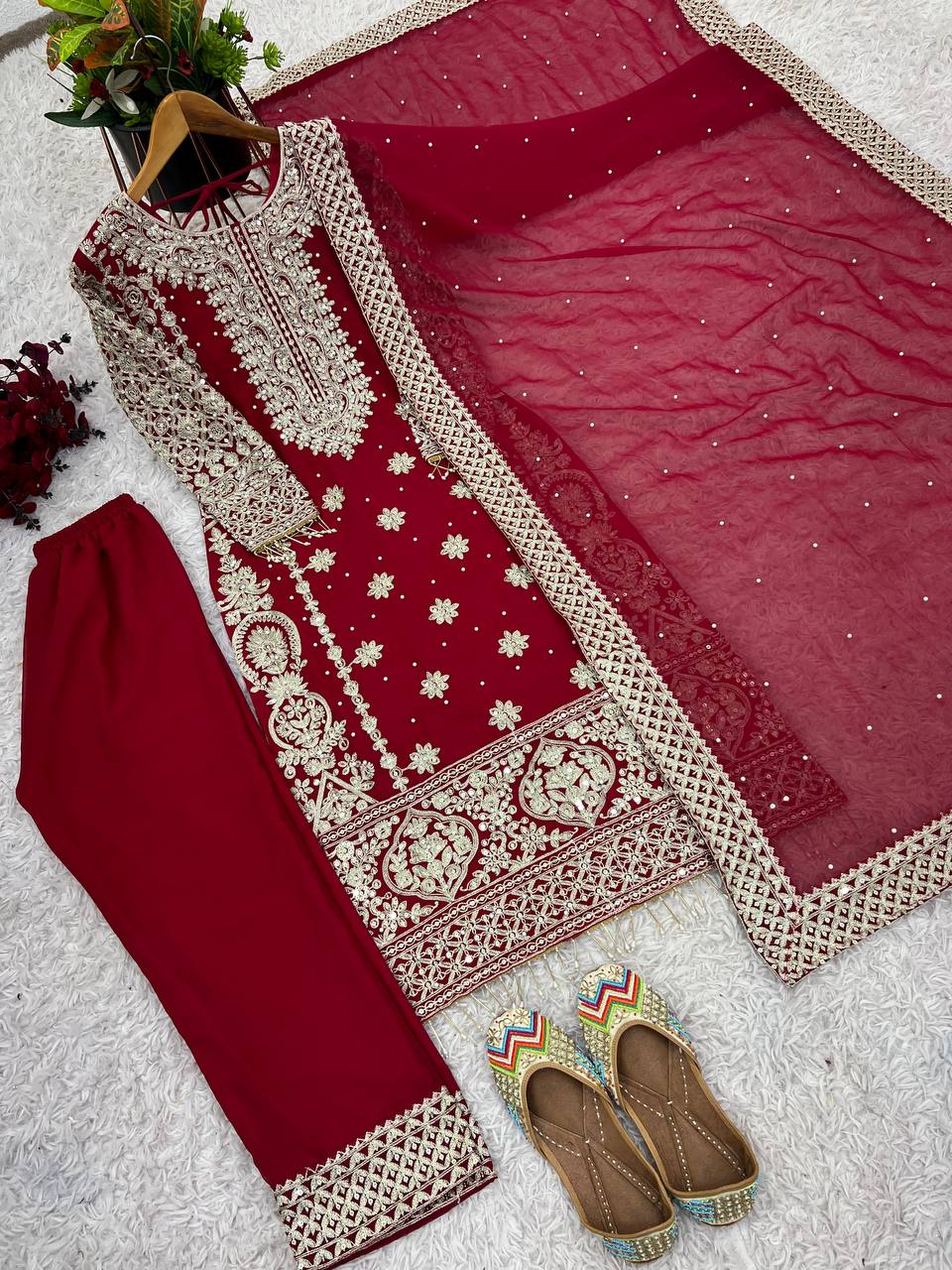 New Collection Faux Georgette Ensemble with Intricate Heavy Embroidery, Sequin Detailing, and Fully Stitched Ready-to-Wear Top, Bottom, and Dupatta Set