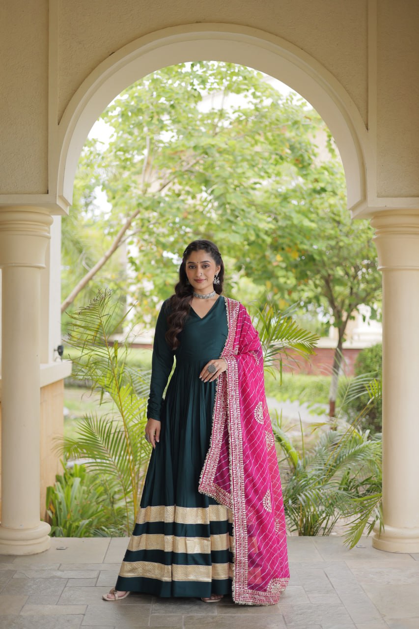RangBhoomi Navratri Gown & Dupatta Collection 2026 – Full-Sleeve V-Neck Reyon Gown with Georgette Dupatta