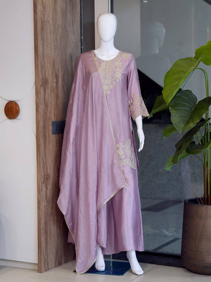 RangBhoomi Designer Festival Ensemble - Embroidered Chinon Top with Rangoli Crush Palazzo & Dupatta