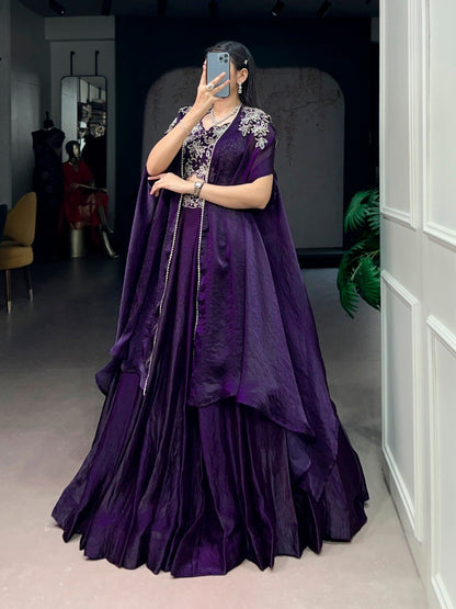 Elegant Cape-Style Lehenga Set in Fendi Silk with Beaded and Embroidered Details