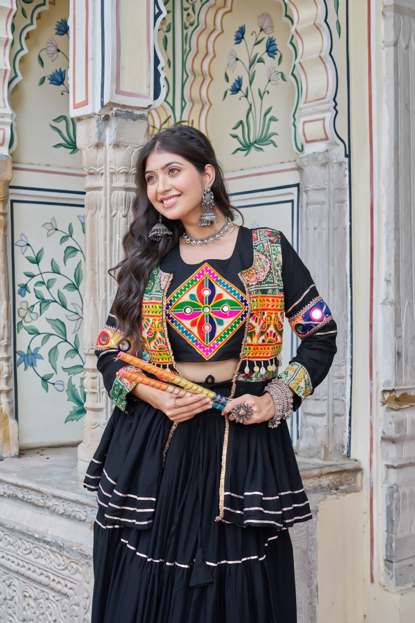 Navratri Special Gamthi Embroidery Lehenga Choli with Mirror and Ribbon Lace – Pure Cotton, Fully Stitched, 9 Meter Flair