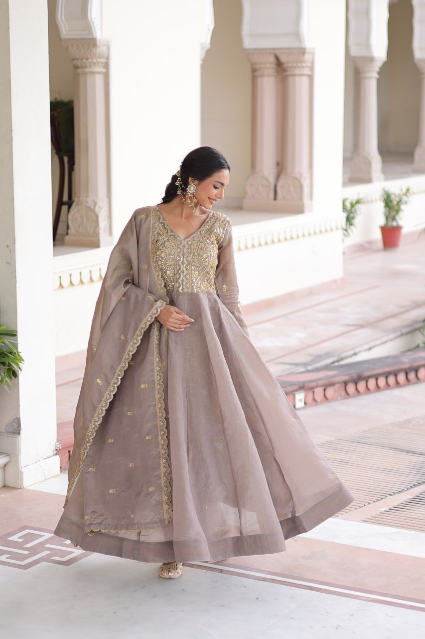 RangBhoomi Premium Ready-Made Gown and Dupatta Set with Elegant Gold Embroidery